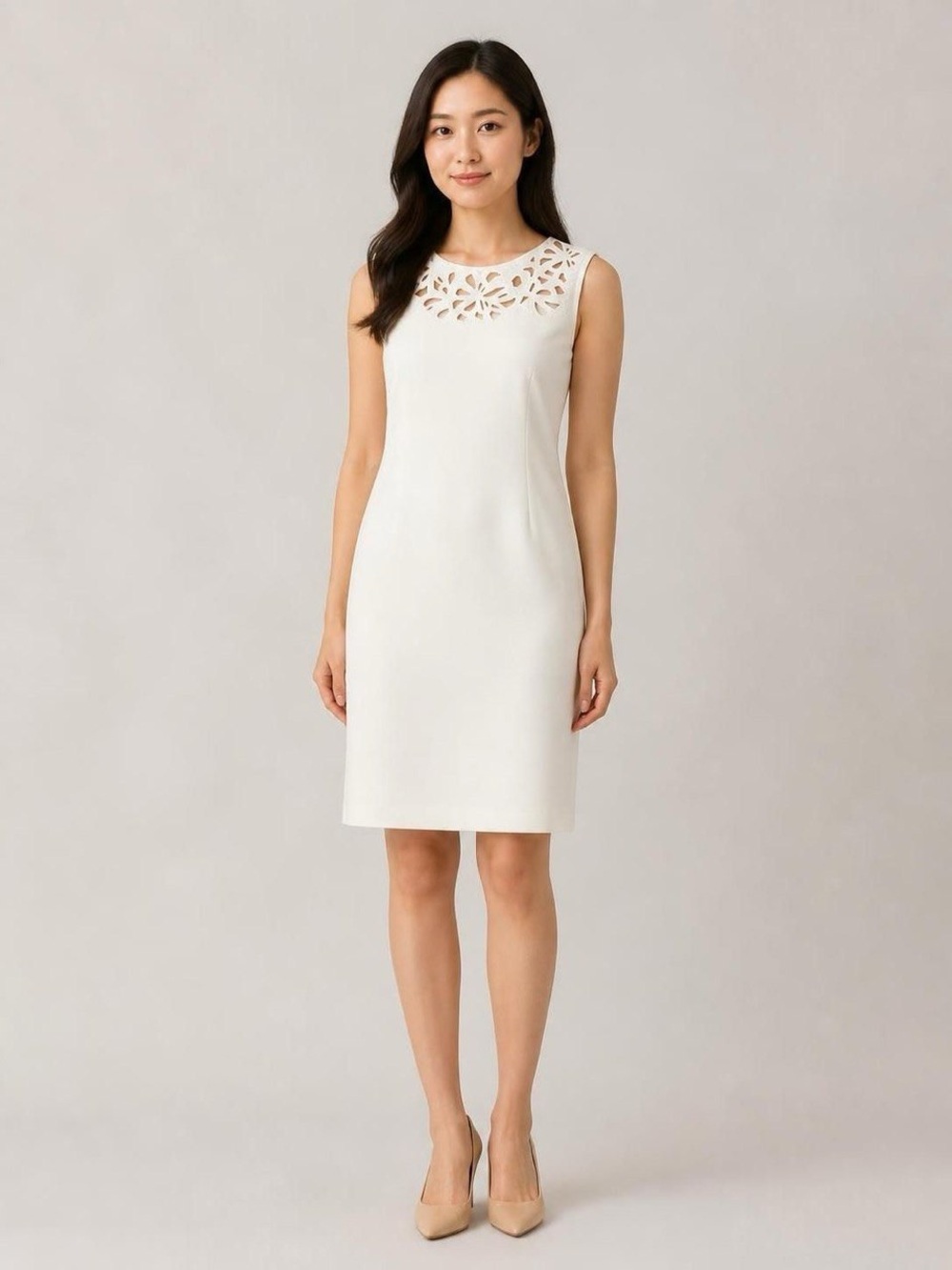 Tommy Hilfiger Sleeveless White Sheath Dress with Laser-Cut Yoke